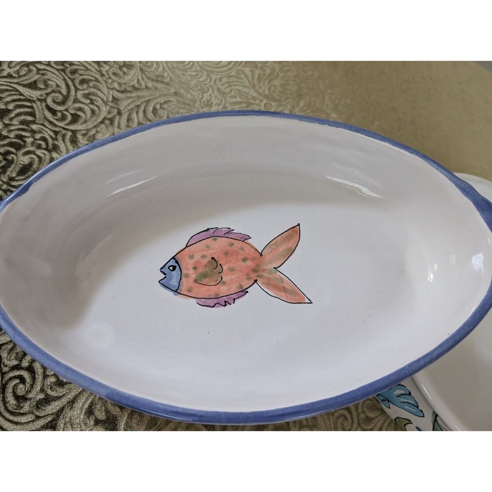 Pottery Large Oval Serving Bowl Fish Seafood 10"